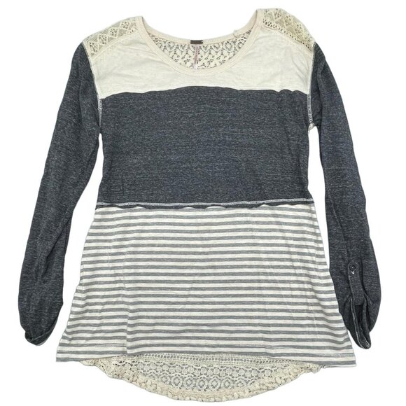 poof long sleeve shirt high low lace striped ivory gray boho cotton blend s armp - Picture 1 of 13
